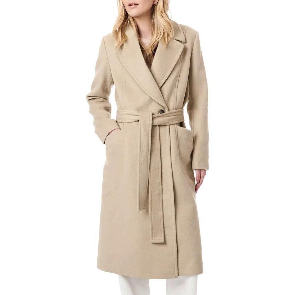 ✨Danedvi Collar Pea Coat Women Cream Notch Long Sleeve Casual Overcoat with Belt
